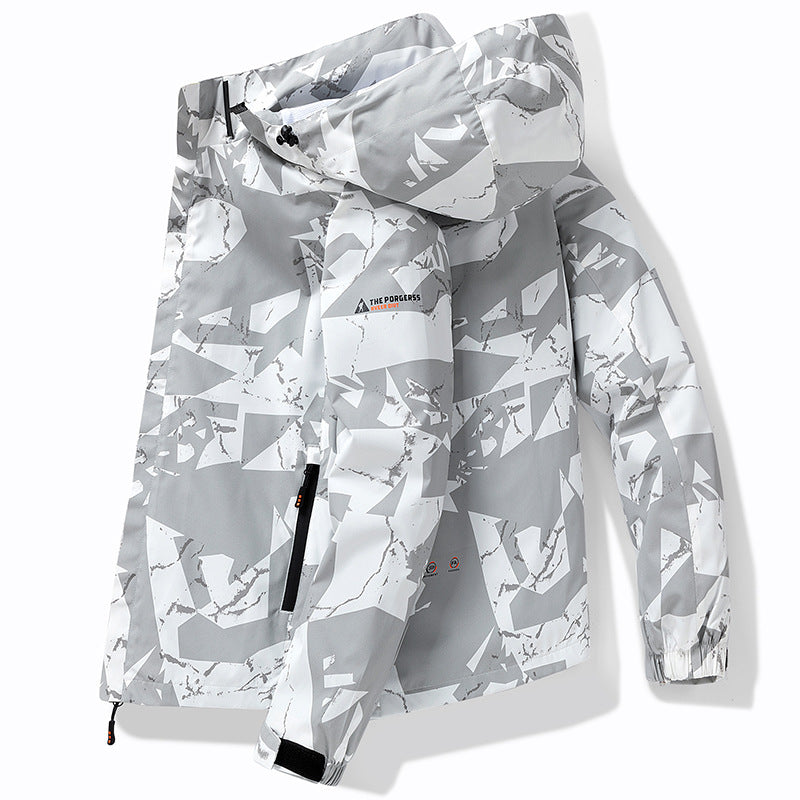 Men's technical waterproof hooded jacket with graphic camouflage print, zippered pockets, and adjustable hem Fashion Glam