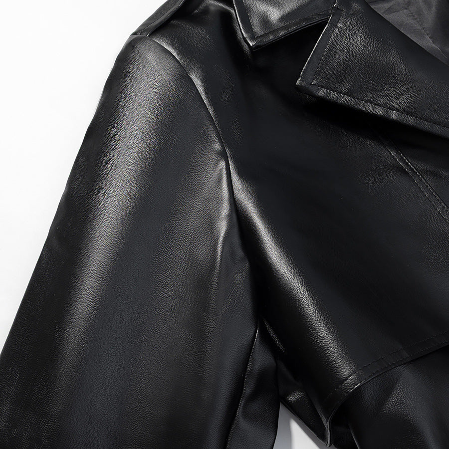 Women’s longline trench coat made of faux leather with a fitted belt and shoulder flaps Fashion Glam
