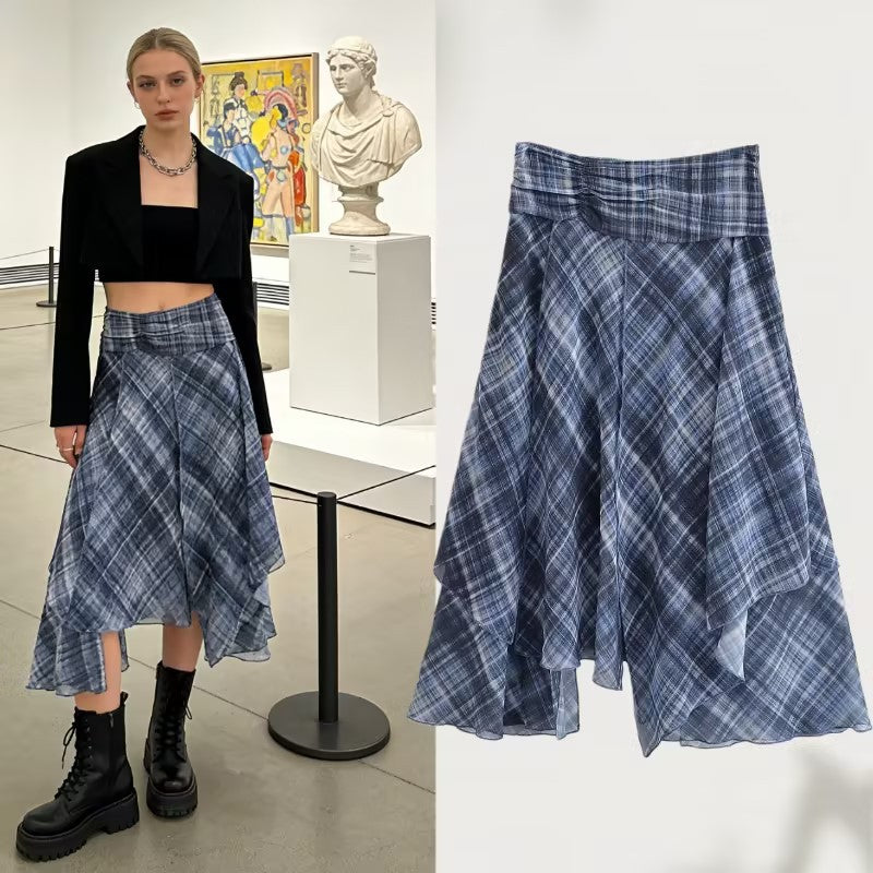 Women Asymmetrical multilayer midi skirt made of chiffon with wide waistband and check pattern Fashion Glam