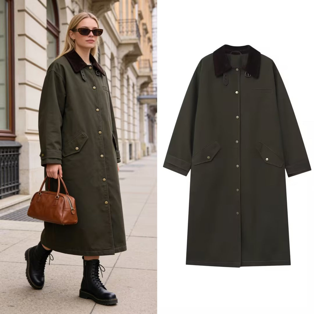 Women’s Long Waterproof Oversized Coat with Cord Collar, Snap Button Placket and Flap Pockets Fashion Glam