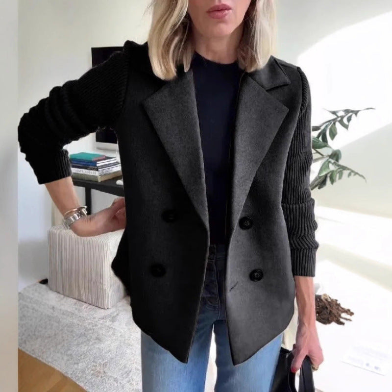 Women's Double-breasted Blazer Vest with Wide Lapels and Ribbed Knit Sleeves Fashion Glam