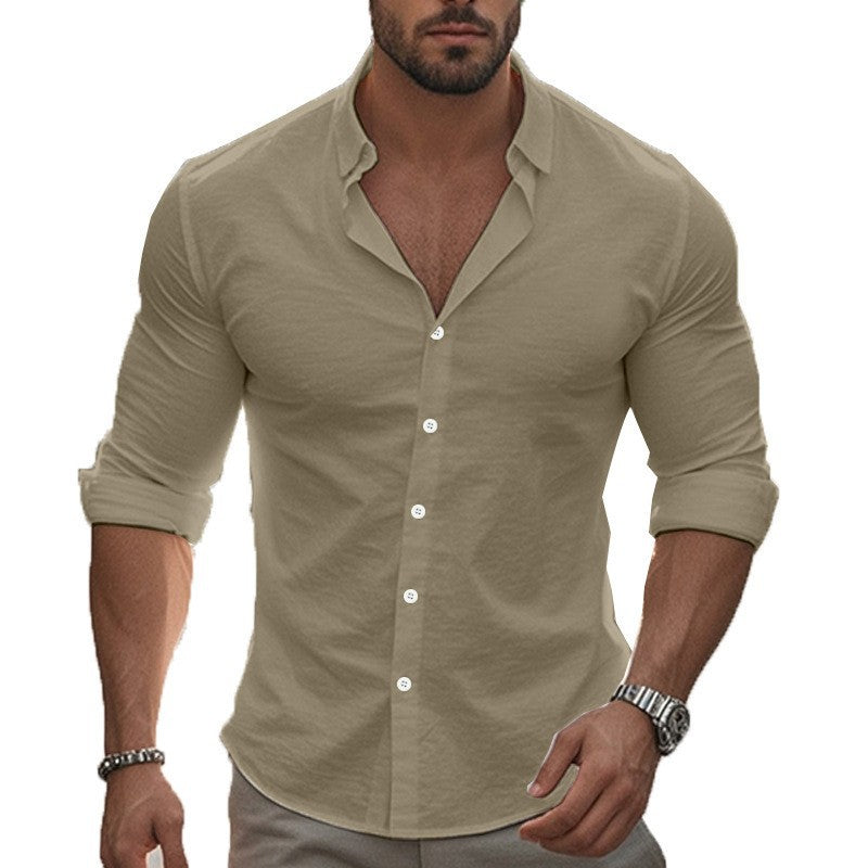 Men's fitted stretch shirt with stand-up collar, slim fit and rolled-up sleeves Fashion Glam