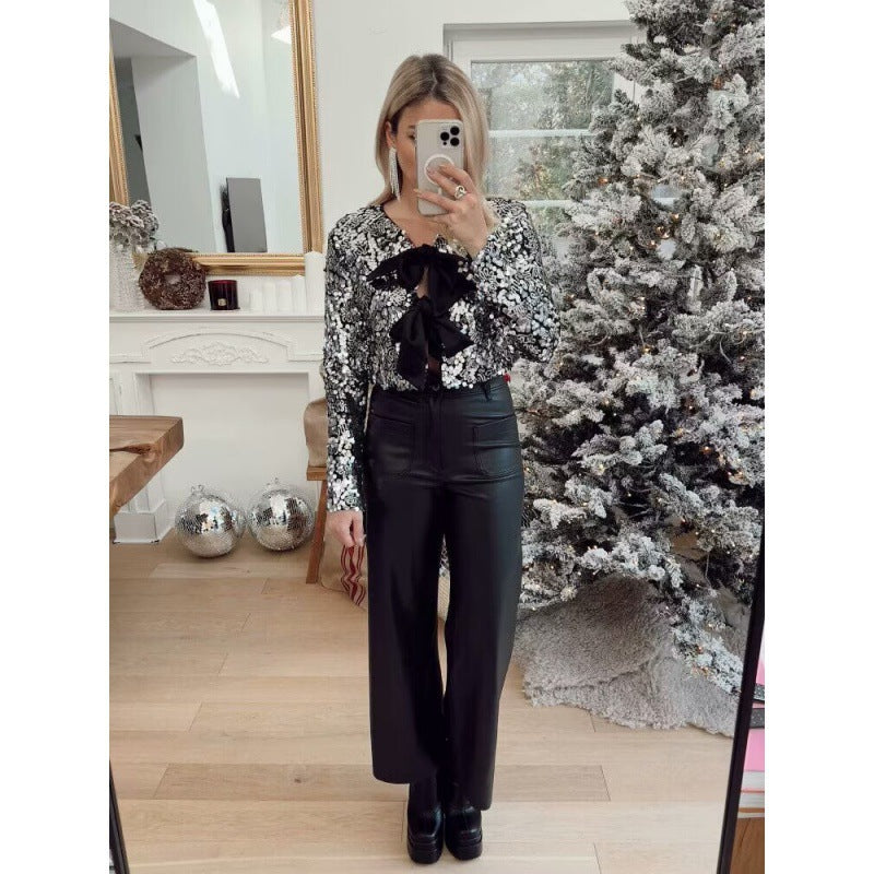 Ladies Short Cut Sequin Jacket with Double Tied Satin Bows Fashion Glam