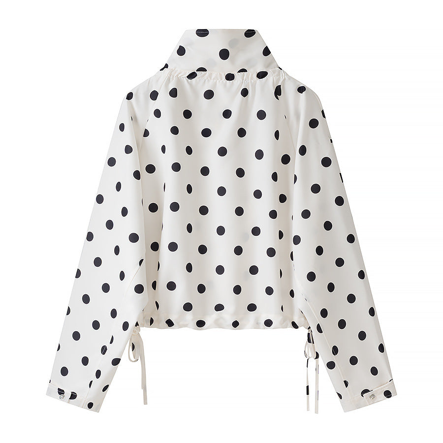 Women's Lightweight Polka Dot Wind Jacket with Stand-Up Collar and Drawstring Fashion Glam