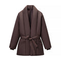 Women's Short Quilted Tailored Quilted Jacket with Shawl Collar and Tie Belt Fashion Glam