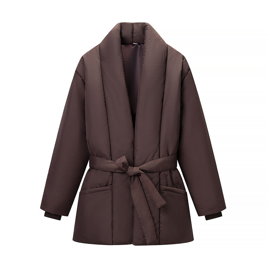 Women's Short Quilted Tailored Quilted Jacket with Shawl Collar and Tie Belt Fashion Glam