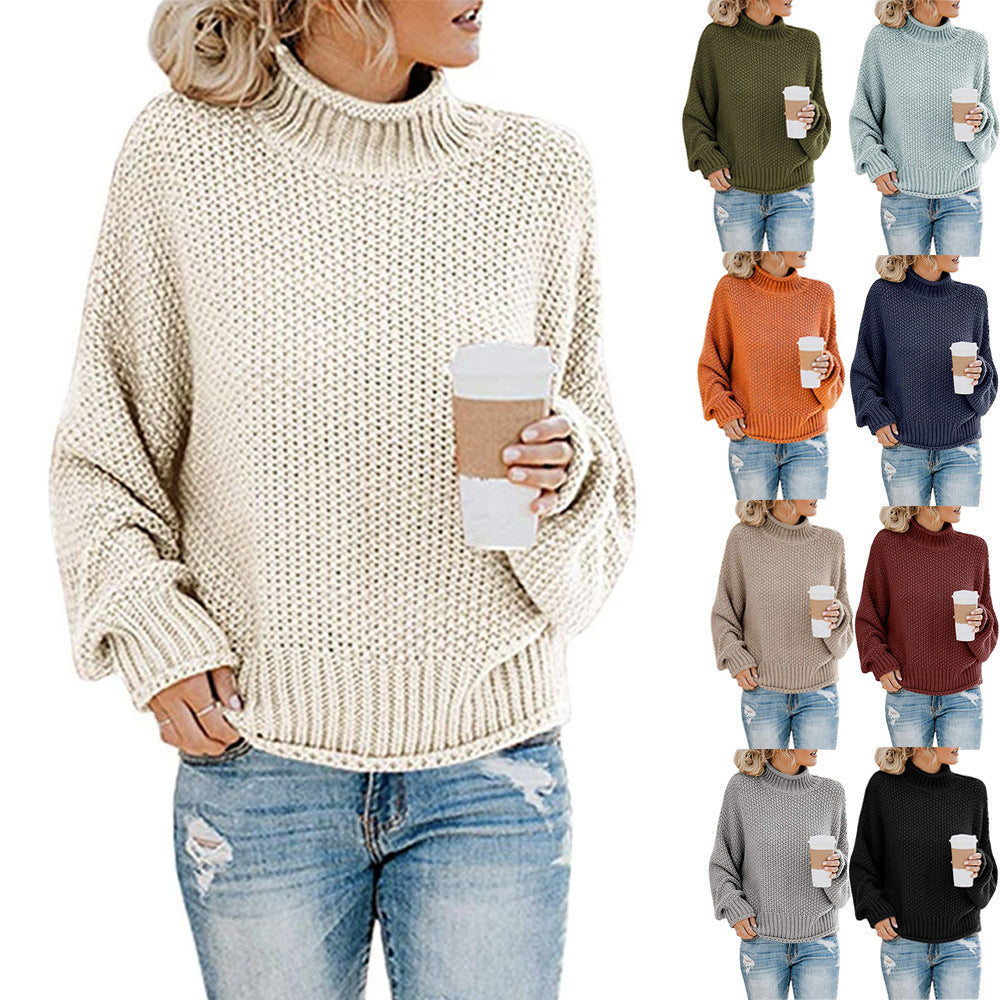 Women chunky knit sweater with stand-up collar, block stripes and oversized fit Fashion Glam