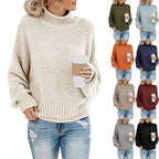 Women chunky knit sweater with stand-up collar, block stripes and oversized fit Fashion Glam