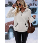 Women's fluffy fleece cuddle pullover with half zipper, kangaroo pocket and stand-up collar Fashion Glam