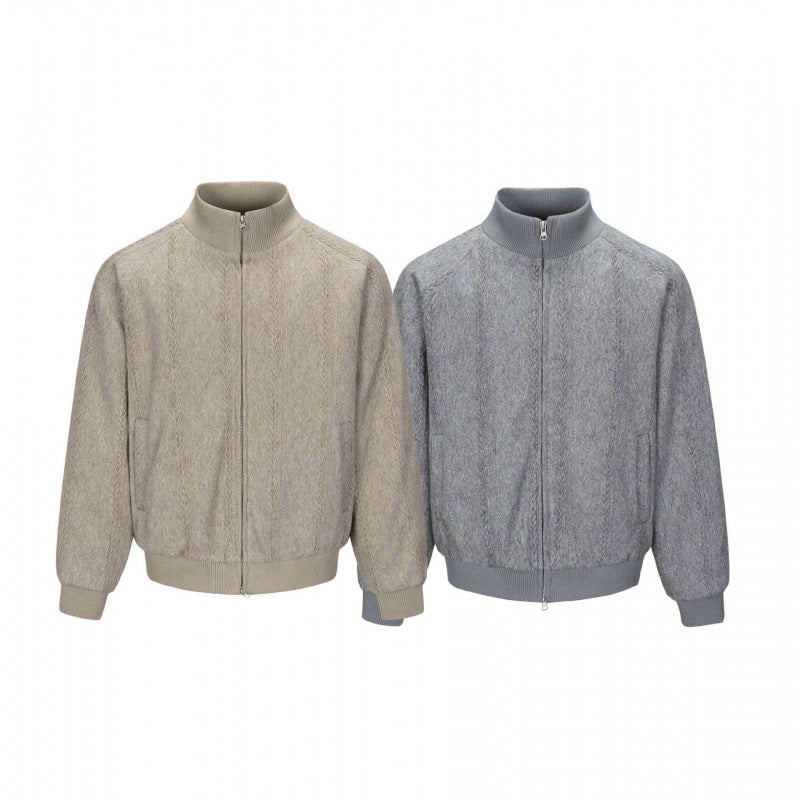 Men's knit bomber-style zip jacket with cable pattern and stand-up collar Fashion Glam