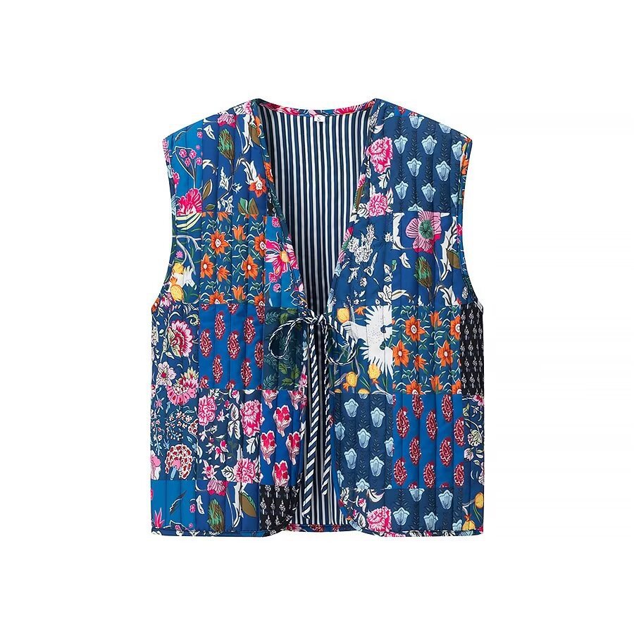 Women's Padded Quilted Vest with Floral Allover Print, Tie Belt and Decorative Piping Fashion Glam