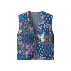 Women's Padded Quilted Vest with Floral Allover Print, Tie Belt and Decorative Piping Fashion Glam