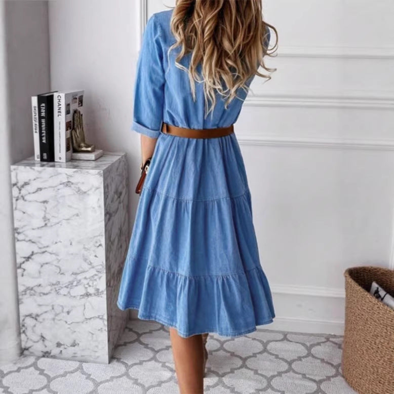 Women's Long Denim Dress with Tiered Skirt, Shirt Collar and Waist-Emphasizing Elastic Fashion Glam