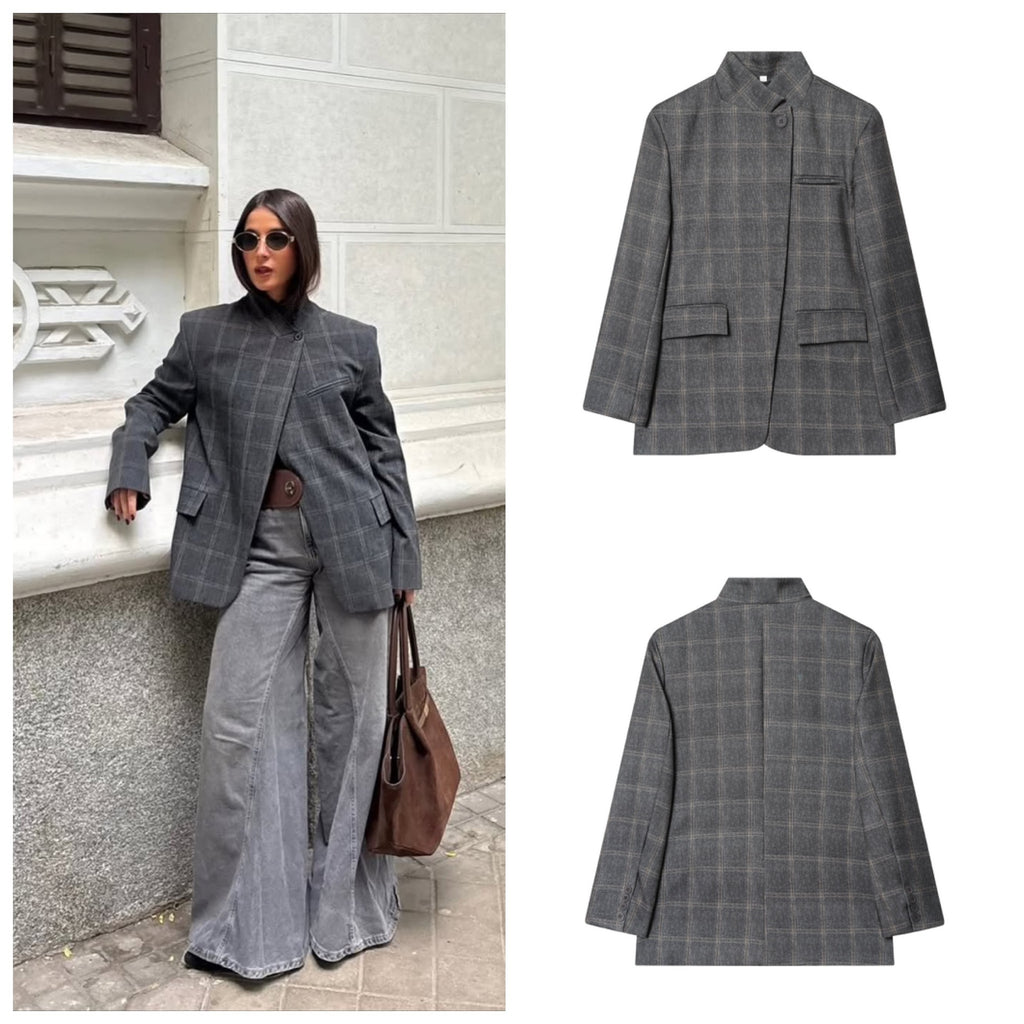Women's tailored check blazer with stand-up collar, concealed button placket and flap pockets Fashion Glam