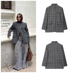 Women's tailored check blazer with stand-up collar, concealed button placket and flap pockets Fashion Glam