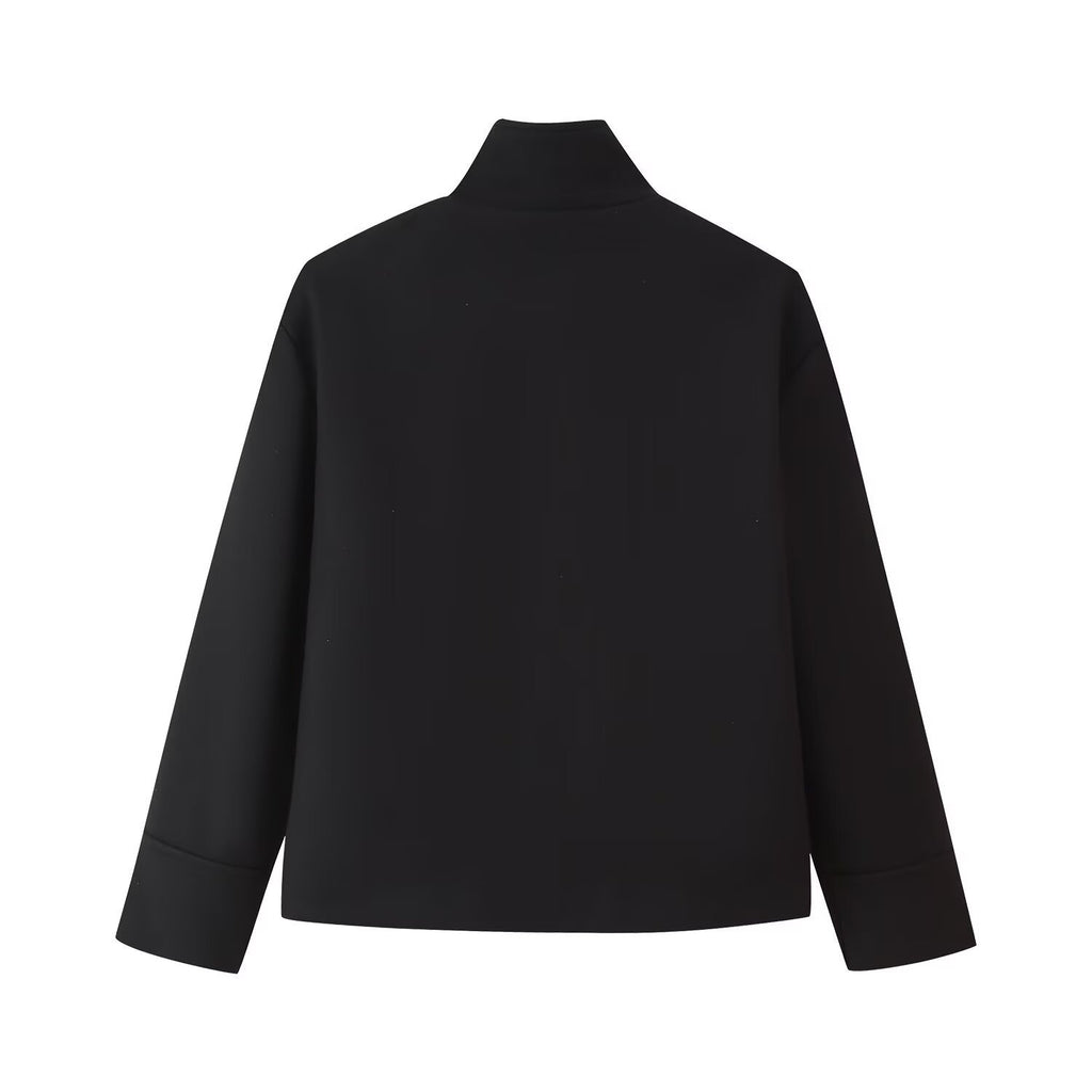 Women's Boxy Short Jacket with High Stand Collar and Concealed Button Placket Fashion Glam