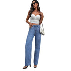 Women High-Waist Straight Jeans with Pearl and Rhinestone Trim Fashion Glam