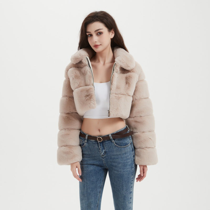 Women Cropped Faux Fur Jacket with Horizontal Volume Panels, Stand-Up Lapel Collar and Zipper Fashion Glam