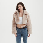 Women Cropped Faux Fur Jacket with Horizontal Volume Panels, Stand-Up Lapel Collar and Zipper Fashion Glam