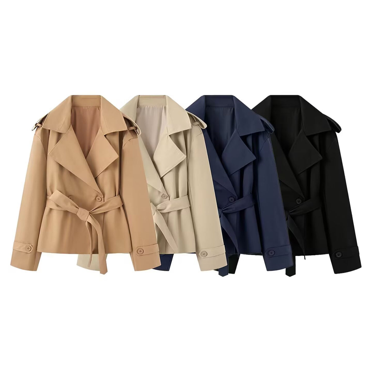 Women's Short Cut Trench Coat with Waist Belt and Wide Lapels Fashion Glam