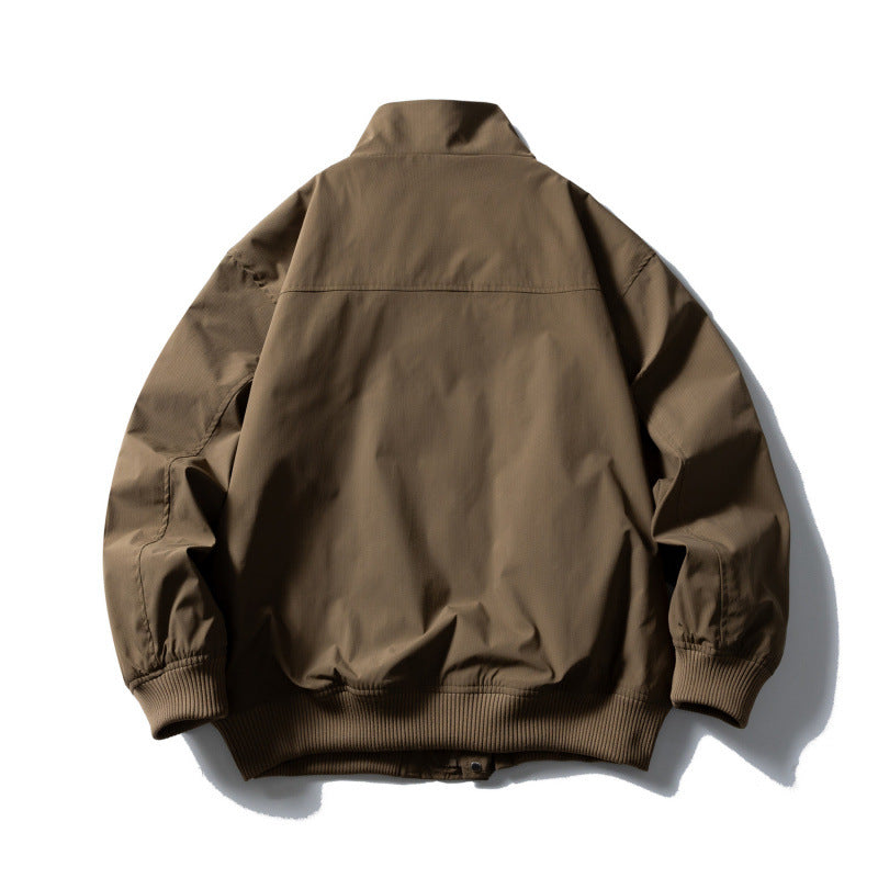 Men's Boxy Bomber Jacket with Stand-Up Collar, Concealed Snap Button Placket, and Elastic Ribbed Cuffs Fashion Glam