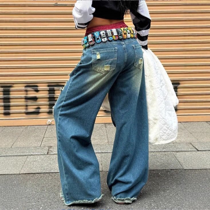 Women's wide Destroyed-Denim-Jeans with Neon Fringe Application Fashion Glam