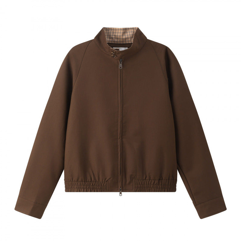 Unisex Short Cut Blouson Jacket with Stand-Up Collar, Elastic Hem and Checked Collar Lining Fashion Glam