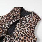 Women's Sleeveless Satin Blouse Top with Leopard Print and Double Bow Front Fashion Glam