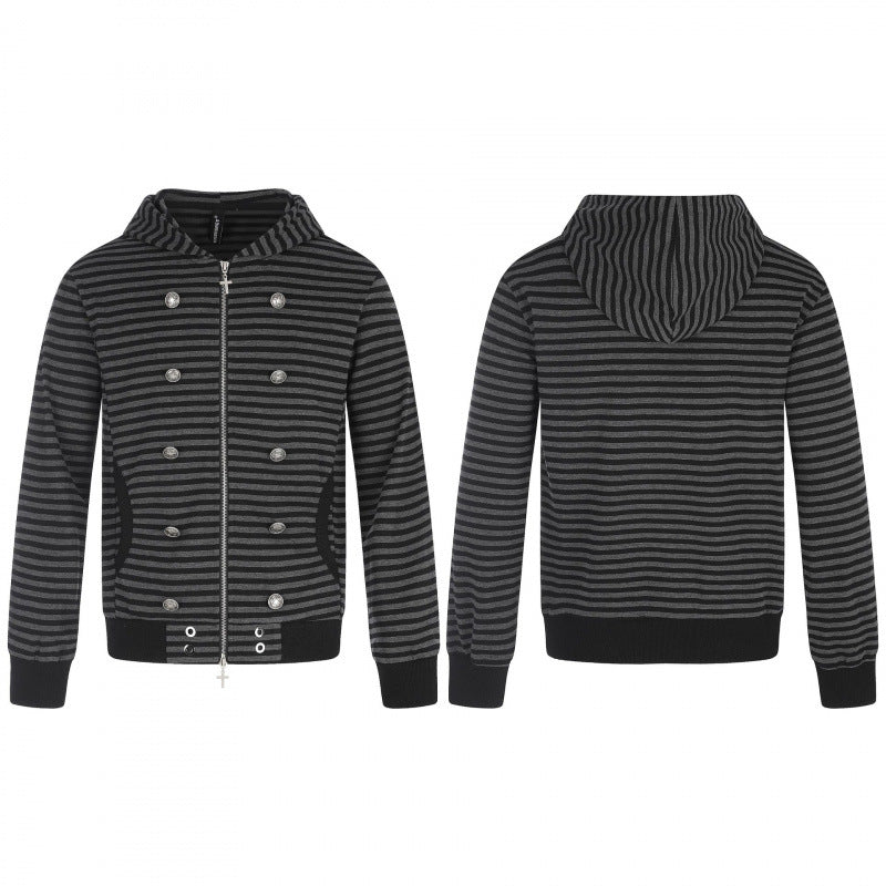 Unisex Striped Hooded Zip Jacket in Double-Breasted Look with Metal Buttons Fashion Glam