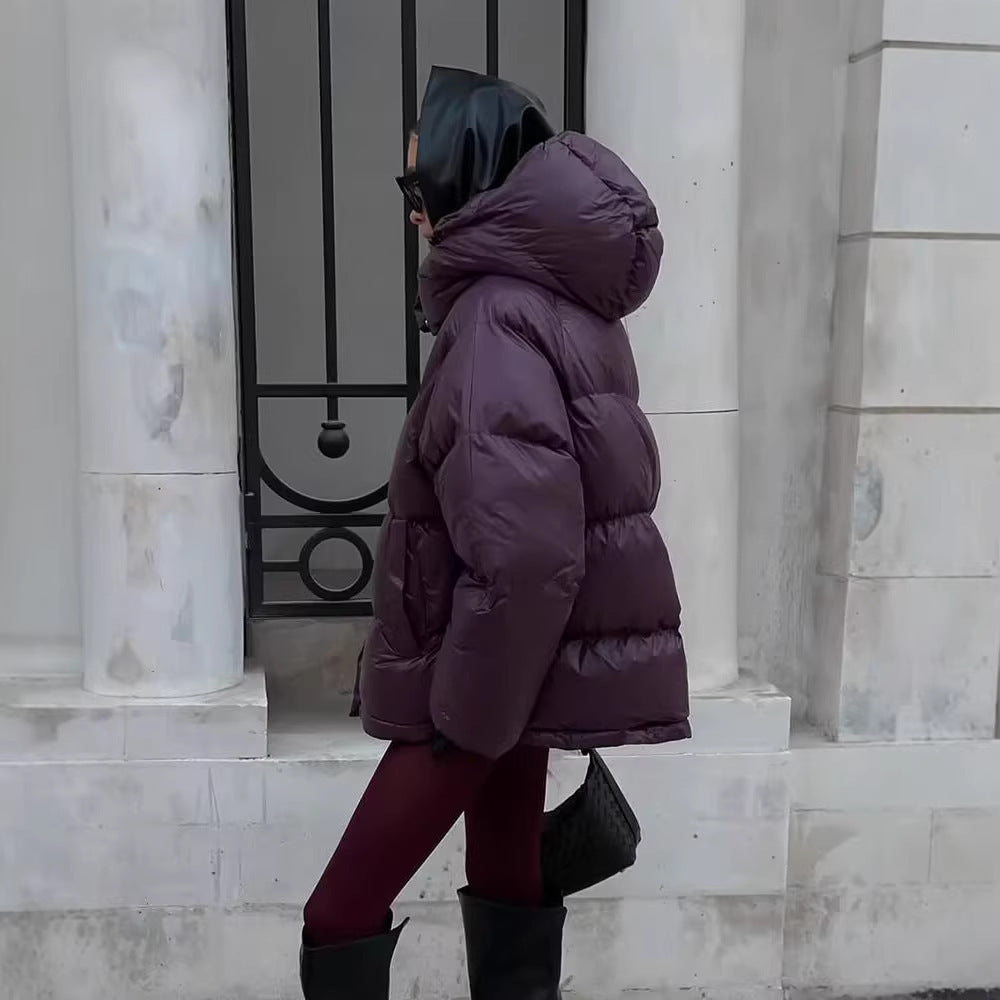 Women's Oversize Quilted Puffer Jacket with High Collar and Hood Fashion Glam
