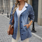 Women's Oversized Denim Jacket with Teddy Lining, Button Placket and Patch Pockets Fashion Glam