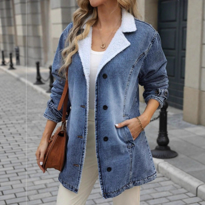 Women's Oversized Denim Jacket with Teddy Lining, Button Placket and Patch Pockets Fashion Glam