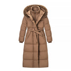 Women's Longer Quilted Down Coat with Hood, Faux Fur Trim and Waist Belt Fashion Glam