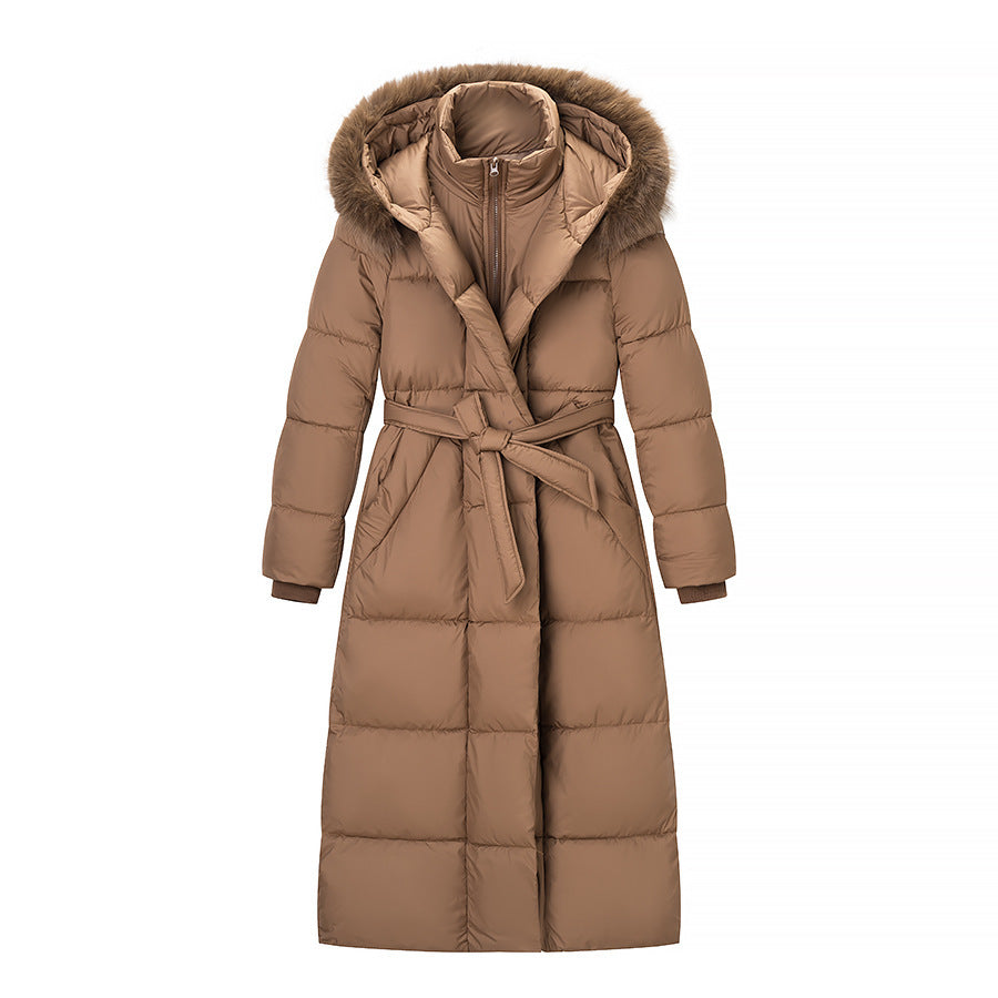 Women's Longer Quilted Down Coat with Hood, Faux Fur Trim and Waist Belt Fashion Glam