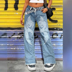 Women wide denim jeans with tribal appliqué, raw hem and relaxed fit Fashion Glam