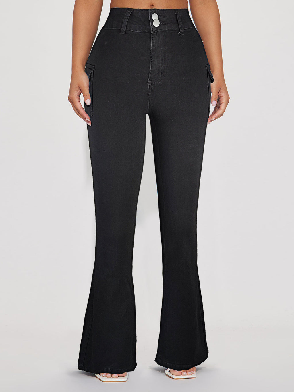 Women's High-Waisted Flared Denim Pants with Side Cargo Flap Pockets & Double Button Fashion Glam