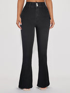 Women's High-Waisted Flared Denim Pants with Side Cargo Flap Pockets & Double Button Fashion Glam