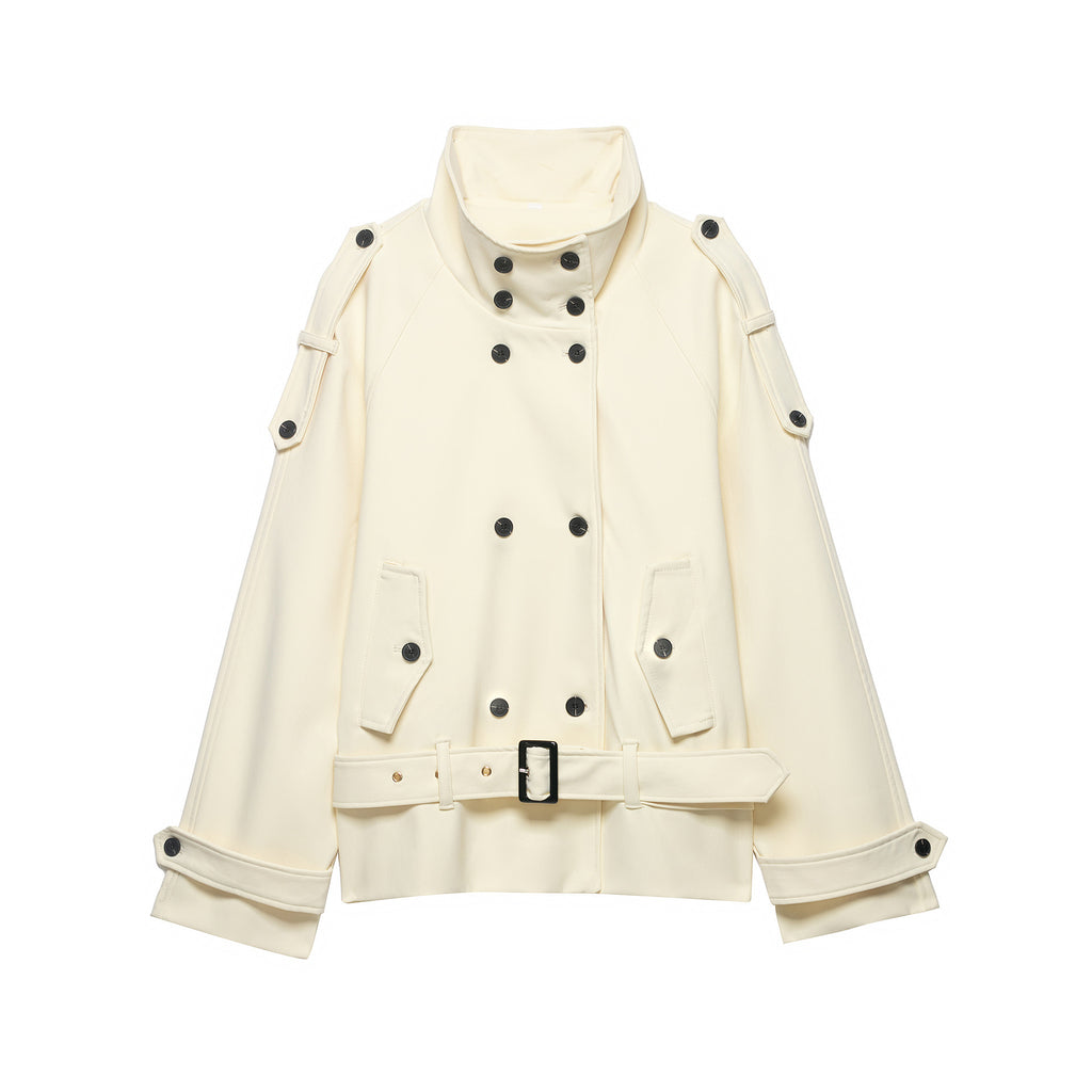 Women’s short coat in trench coat style with double breasted and waist belt Fashion Glam