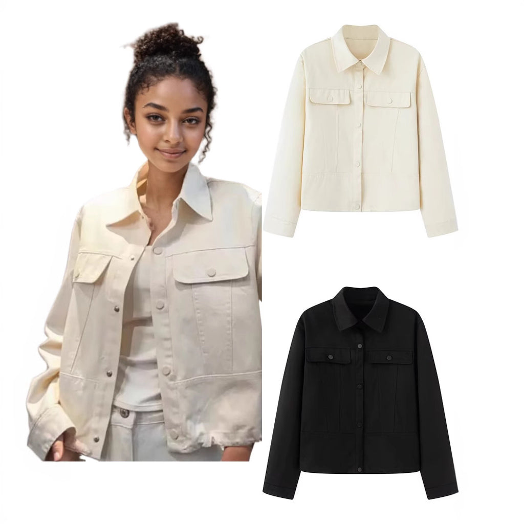 Women Short Cut Boxy Overshirt Jacket in Vegan Leather Look with Flap Pockets and Snap Button Closure Fashion Glam