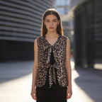 Women's Sleeveless Satin Blouse Top with Leopard Print and Double Bow Front Fashion Glam
