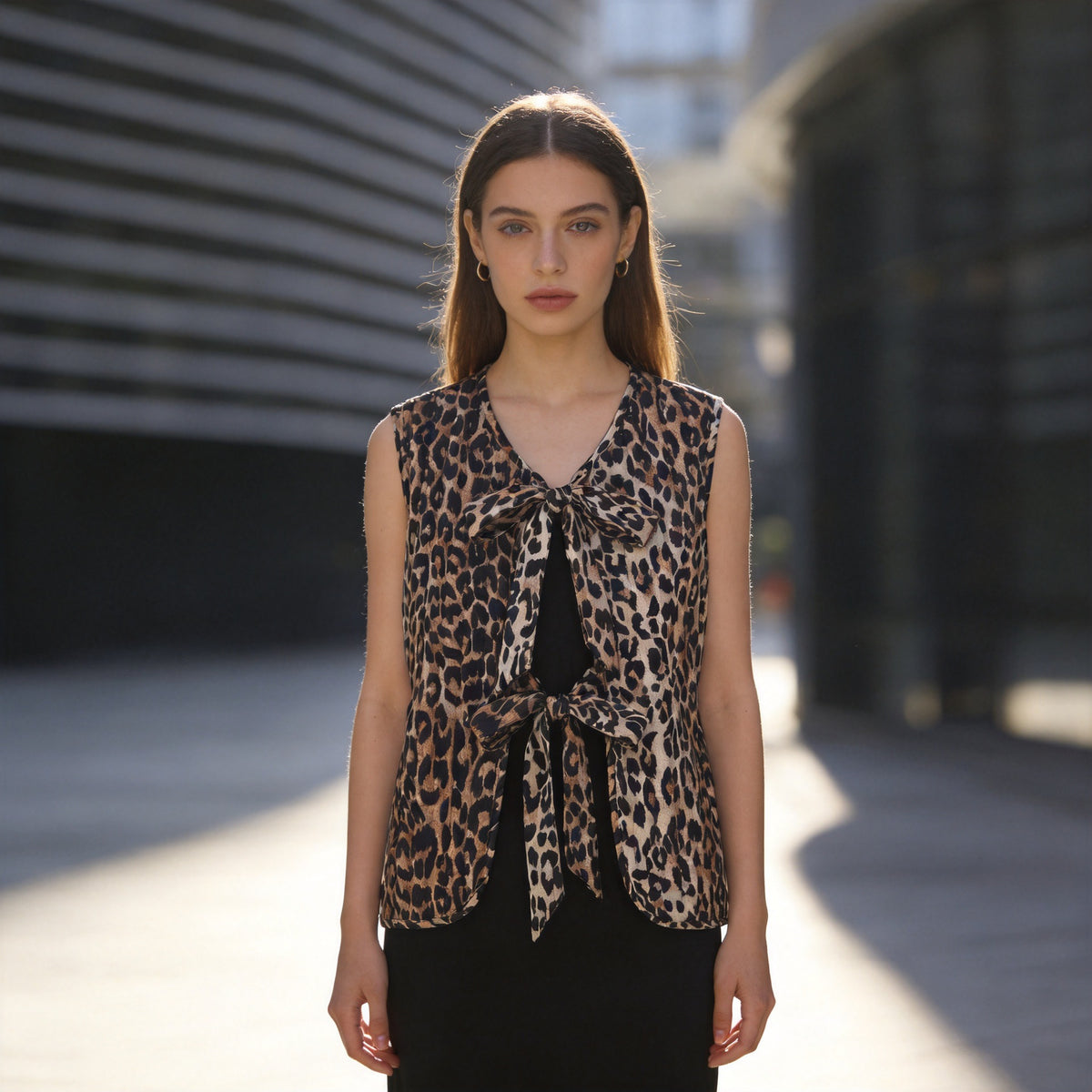 Women's Sleeveless Satin Blouse Top with Leopard Print and Double Bow Front Fashion Glam