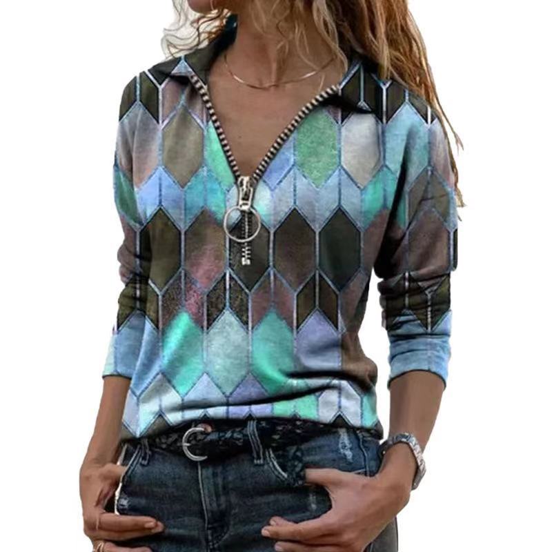 Women's zip pullover with polo collar, graphic diamond print and slim fit Fashion Glam