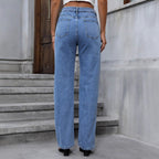 Women's High-Waist Wide-Leg Denim Jeans with Sparkling Pearl Scatter and Straight Leg Fashion Glam