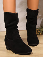 Ladies Velvet Leather Slouch Cowboy Boots with Low Block Heel Fashion Glam