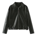 Women Short Oversized Leather Look Jacket with Zipper, Hem Band and Kent Collar Fashion Glam