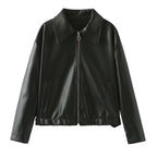 Women Short Oversized Leather Look Jacket with Zipper, Hem Band and Kent Collar Fashion Glam