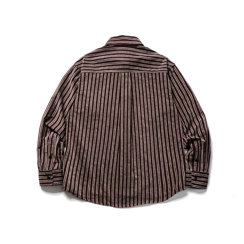 Men's Oversize Cord Shirt with Vertical Stripes, Chest Pocket and Rounded Hem Fashion Glam