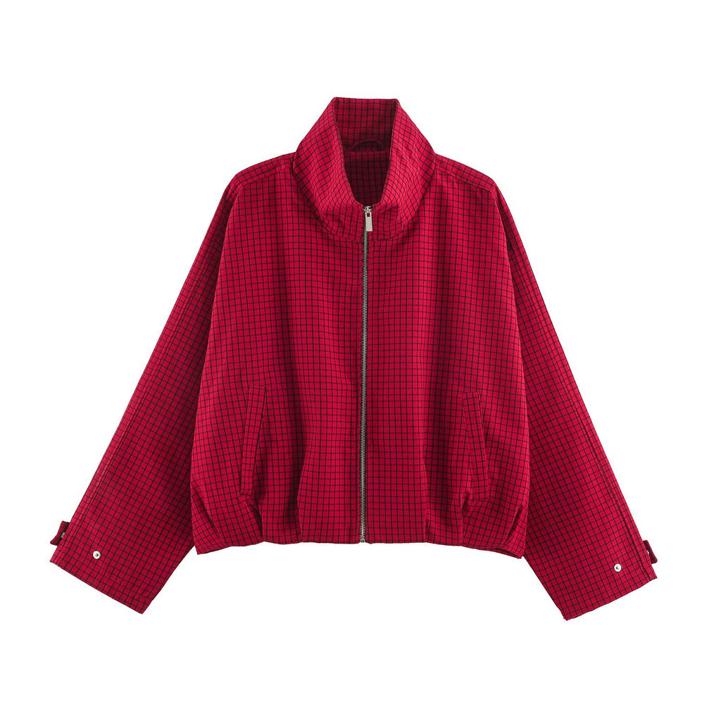Women's short-cut boxy blouson with stand-up collar, check pattern and zipper Fashion Glam