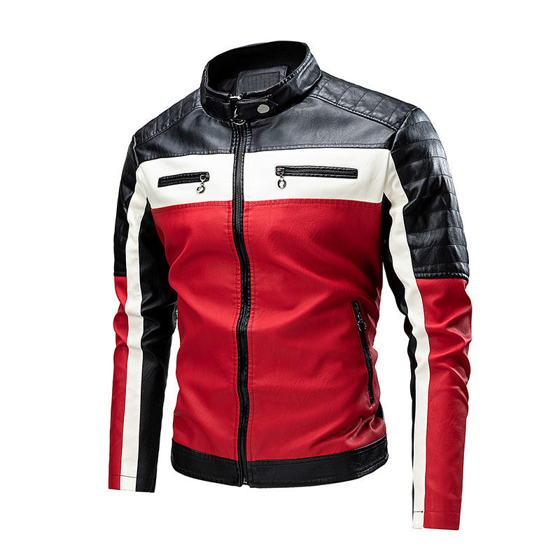 Men's biker leather jacket in colorblock design with padded shoulder section and stand-up collar Fashion Glam