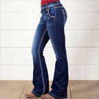 Women's High-Waisted Flared Jeans with Decorative Metal Buttons and Contrast Stitching Fashion Glam
